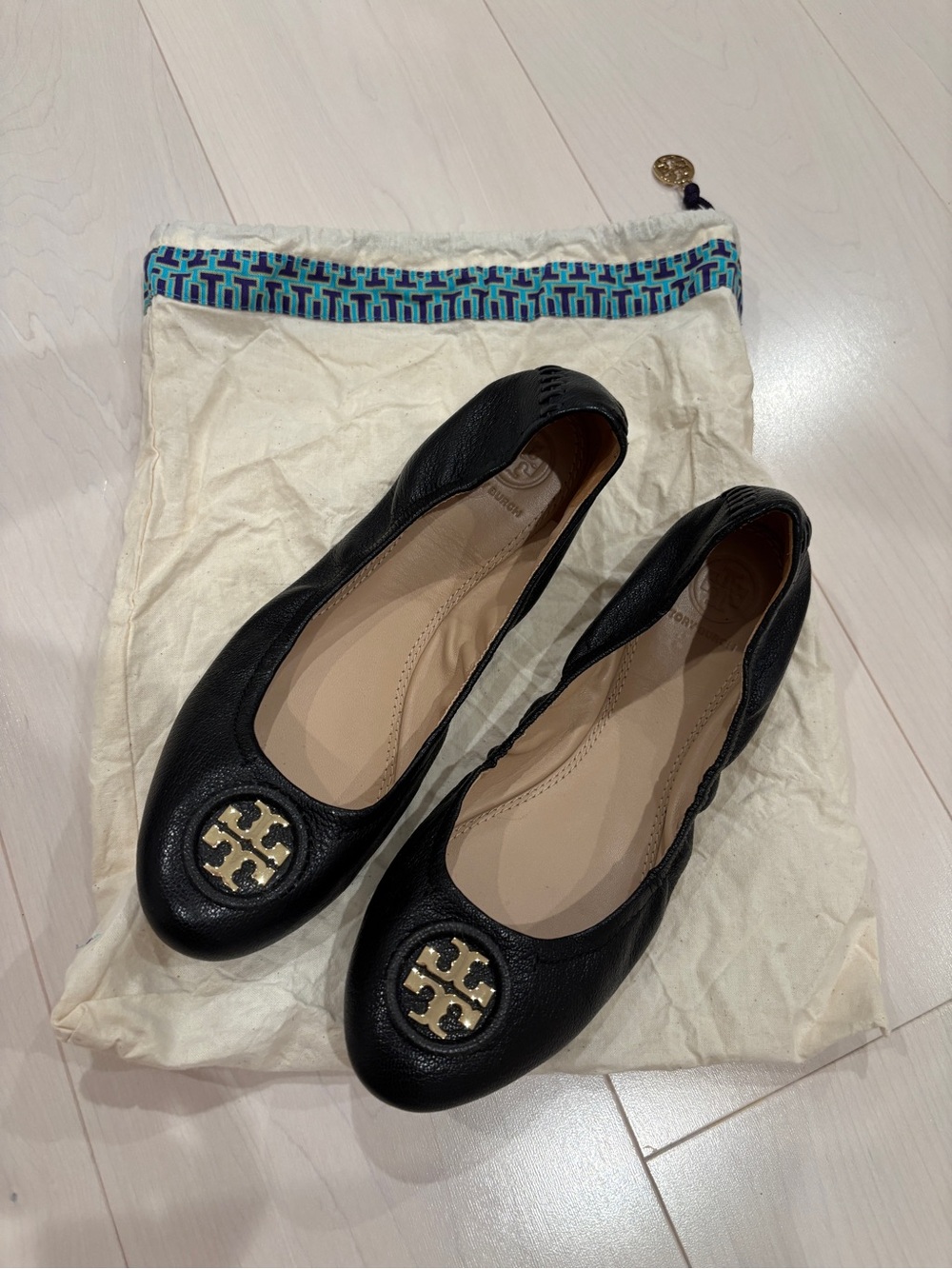 Tory Burch Black Leather Logo Ballet Flats with Gold Medallion